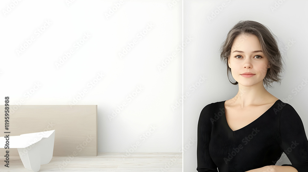 Young woman in minimalist interior, leaning against wall, calm expression, modern design background, perfect for website banner Young woman in minimalist interior, leaning against wall, calm expression, modern design background, perfect for website banner