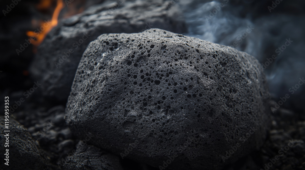 Bubbles form on volcanic rock near flowing lava and smoke in the dark Bubbles form on volcanic rock near flowing lava and smoke in the dark