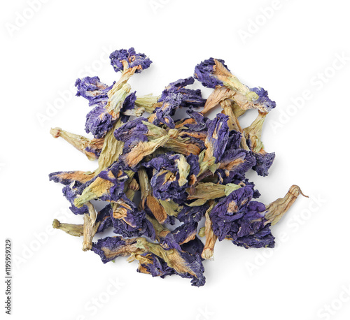Pile of butterfly pea flower tea isolated on white, top view
