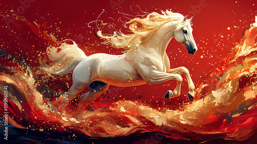 Simple stroke of golden horse illustration silhouette on red background, of Chinese new year, year of the horse	