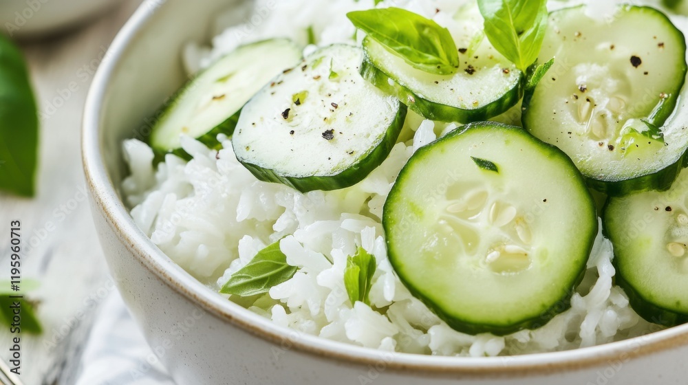 Close-up of rice with a fresh cucumber salad and yogurt dressing. Featuring a cool, refreshing cucumber salad with creamy yogurt. Emphasizing a light, healthy side dish. Ideal for salads. Close-up of rice with a fresh cucumber salad and yogurt dressing. Featuring a cool, refreshing cucumber salad with creamy yogurt. Emphasizing a light, healthy side dish. Ideal for salads.