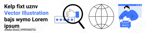 Magnifying glass examining 5-star ratings, globe outline, and man holding a Cash Back sign with text on left. Ideal for reviews, search, global connections, cashback, e-commerce, feedback, tech