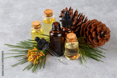 Obraz na płótnie Pine turpentine essential oil in glass bottle with pine coniferous leaves and pine cone. Kiefer turpentin w salonie