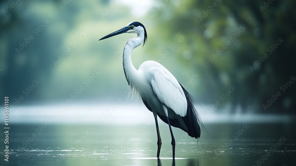 Naklejka premium Great white and black heron or stork bird standing in river lake pond swamp water. fauna nature wildlife animal with beak and spread wings, large avian outdoor.