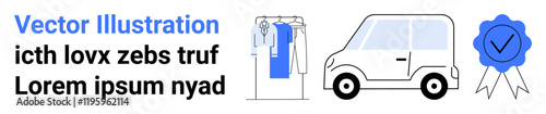 Clothing rack with hanging garments, delivery truck, and quality badge with check mark. Ideal for e-commerce, online retail, fashion, logistics, quality assurance, customer satisfaction brand trust