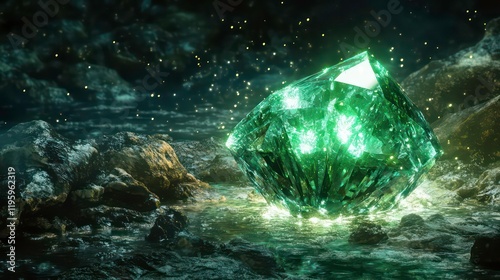 Wallpaper Mural Glowing green gem rests on dark rocks near water. Torontodigital.ca