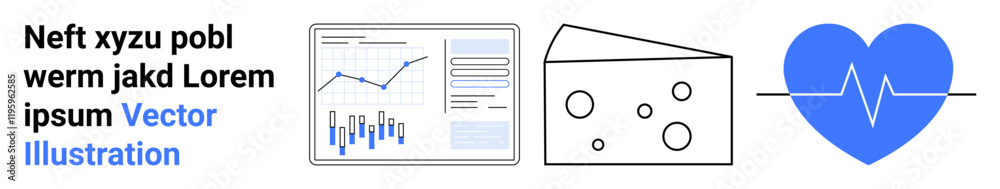 Text block, line chart, bar graphs, cheese icon, blue heart with heartbeat line. Ideal for business analytics, data presentation, digital illustrations, creative design, dairy products, health Text block, line chart, bar graphs, cheese icon, blue heart with heartbeat line. Ideal for business analytics, data presentation, digital illustrations, creative design, dairy products, health