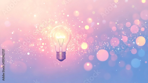 A tiny lightbulb floats delicately in a glass jar of water representing contained brilliance with a caption space to the side in soft gold, silver, and white tones capturing a sense of wonder and calm