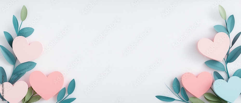 A serene arrangement of pastel hearts and leaves on a soft background, perfect for conveying love and affection. A serene arrangement of pastel hearts and leaves on a soft background, perfect for conveying love and affection.