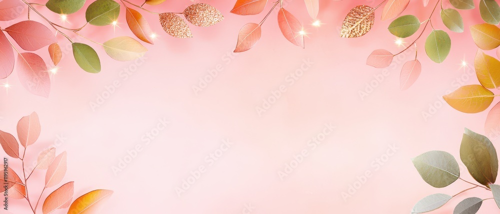 Fototapeta premium A soft, pastel-hued background adorned with delicate leaves and subtle lights, creating a serene and inviting atmosphere.