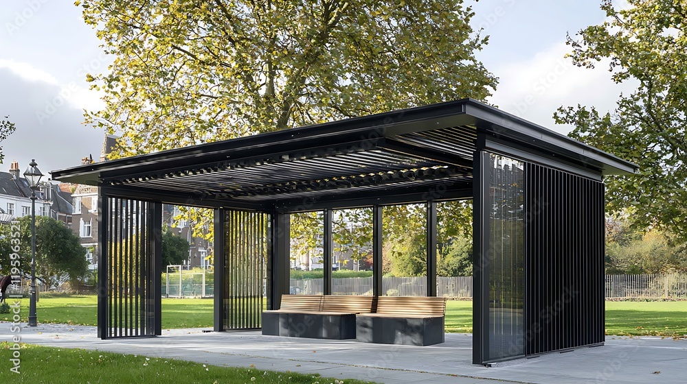 Modern park pavilion, retractable sides, autumn trees, city background, outdoor relaxation