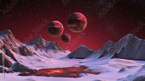 Alien Landscape with Three Planets and a Lava Lake photo