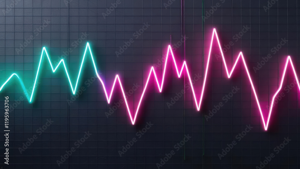 stylized rendering of fluctuating line graph glowing in neon colors, showcasing vibrant hues against dark grid background stylized rendering of fluctuating line graph glowing in neon colors, showcasing vibrant hues against dark grid background