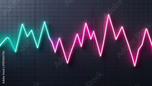 stylized rendering of fluctuating line graph glowing in neon colors, showcasing vibrant hues against dark grid background photo