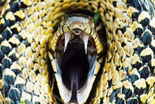 Intense close up of a screaming black snake s head showcasing intricate details and vivid colors photo