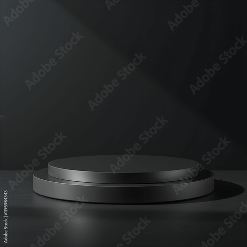 Dark minimalist stage, circular podium, tiered platform, dramatic spotlight, black background, monochromatic, sleek design
