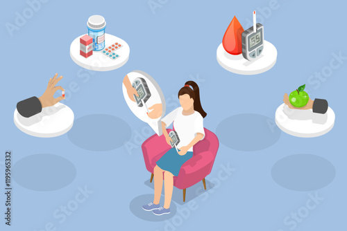 3D Isometric Flat Vector Illustration of Diabetes, Tracking Glucose Level