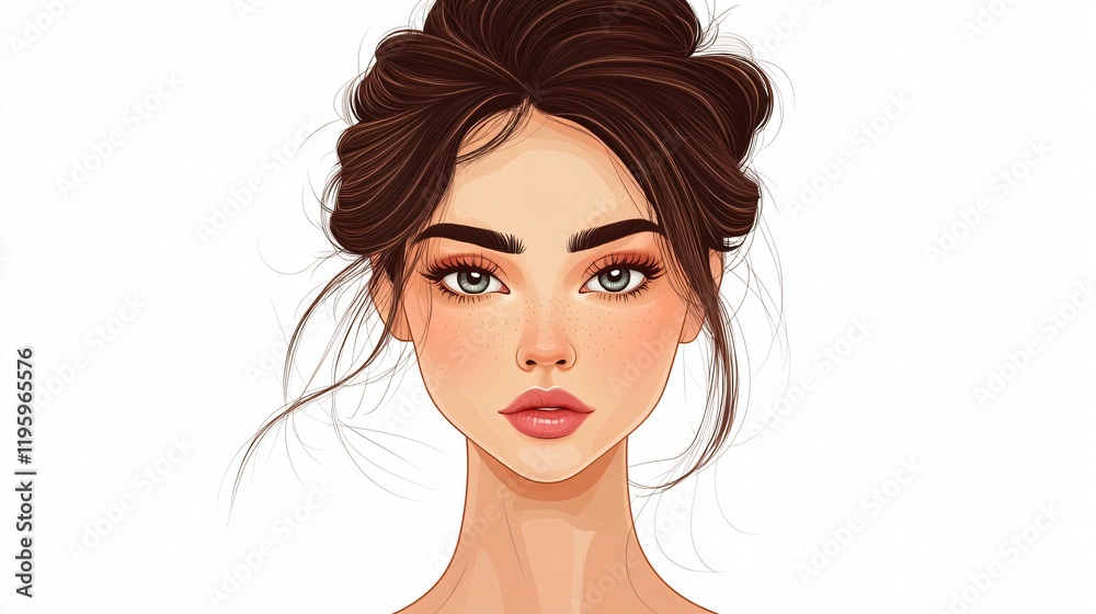 Professional wide angle design of girl's head with unique hairstyle for avatar creation Professional wide angle design of girl's head with unique hairstyle for avatar creation