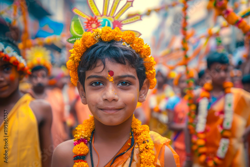 Amidst the chants of Ramayana during Ram Navami, an Indian boy participates in the grand procession, his enthusiasm reflecting the reverence for Lord Rama's birth. photo