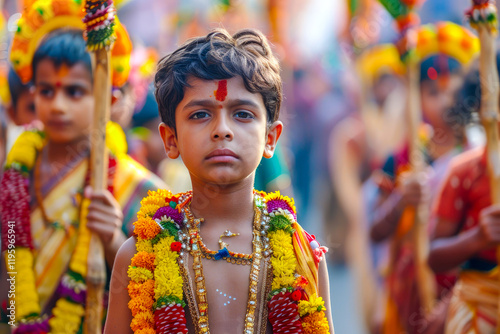 Amidst the chants of Ramayana during Ram Navami, an Indian boy participates in the grand procession, his enthusiasm reflecting the reverence for Lord Rama's birth. photo