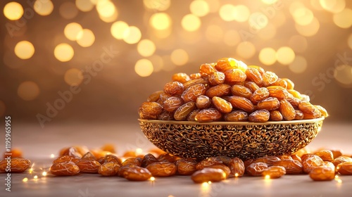 Artistic close-up of dates piled in a decorative bowl, vibrant textures, warm earthy colors, digital art with realistic yet soft shading photo