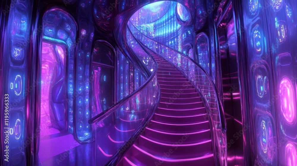Neon Dreamscape: A Futuristic Staircase Ascending Through a Vibrant, Luminous Corridor Neon Dreamscape: A Futuristic Staircase Ascending Through a Vibrant, Luminous Corridor