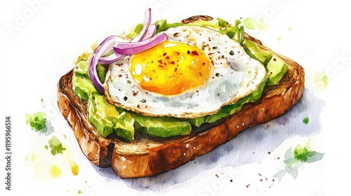 Watercolor avocado toast with fried egg (1) photo