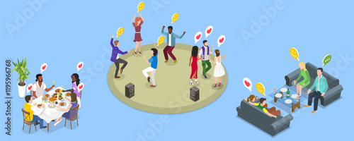 3D Isometric Flat Vector Illustration of Party Time, Friends Gathering
