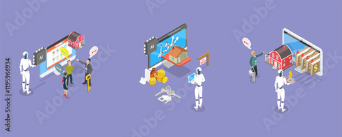 3D Isometric Flat Vector Illustration of AI In Real Estate, AI-Assisted Home Buying