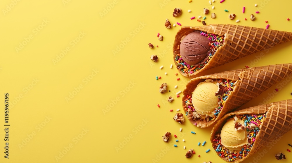 Naklejka premium Chocolate waffle cones shaped like tacos filled with vibrant scoops of ice cream, adorned with chopped nuts and colorful sprinkles on a sunny yellow background