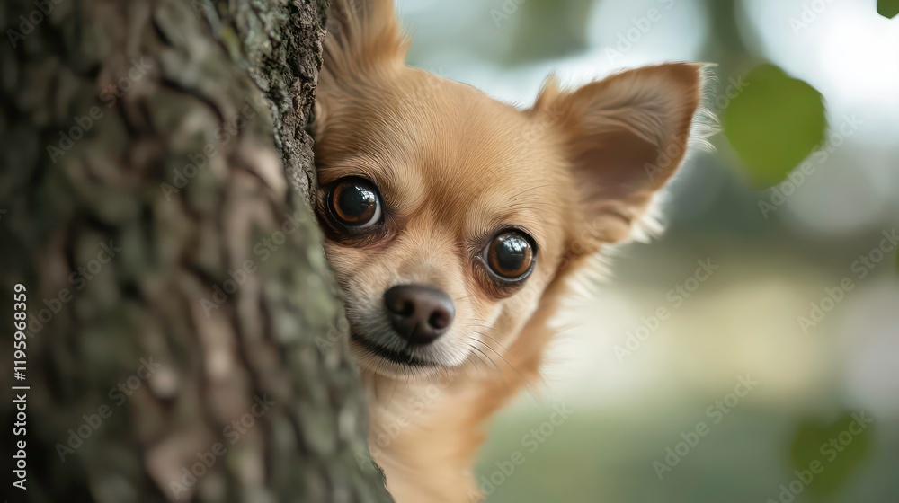 Cute chihuahua puppy peeking from behind a tree trunk. Cute chihuahua puppy peeking from behind a tree trunk.