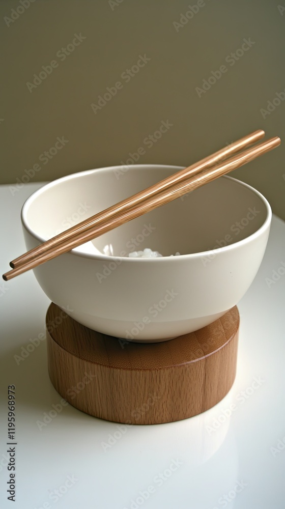 Simple Elegance of a White Rice Bowl With Wooden Chopsticks on a Neutral Surface Simple Elegance of a White Rice Bowl With Wooden Chopsticks on a Neutral Surface