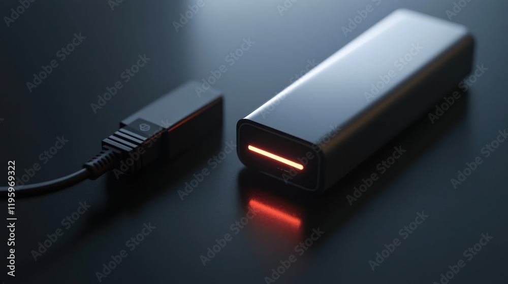 Fototapeta premium A rechargeable lithium-ion battery pack lying next to a charger on a clean black surface, with a subtle glow from an indicator light