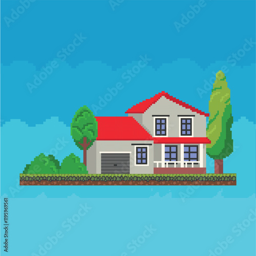 8-bits houses with tree gaming assets illustration