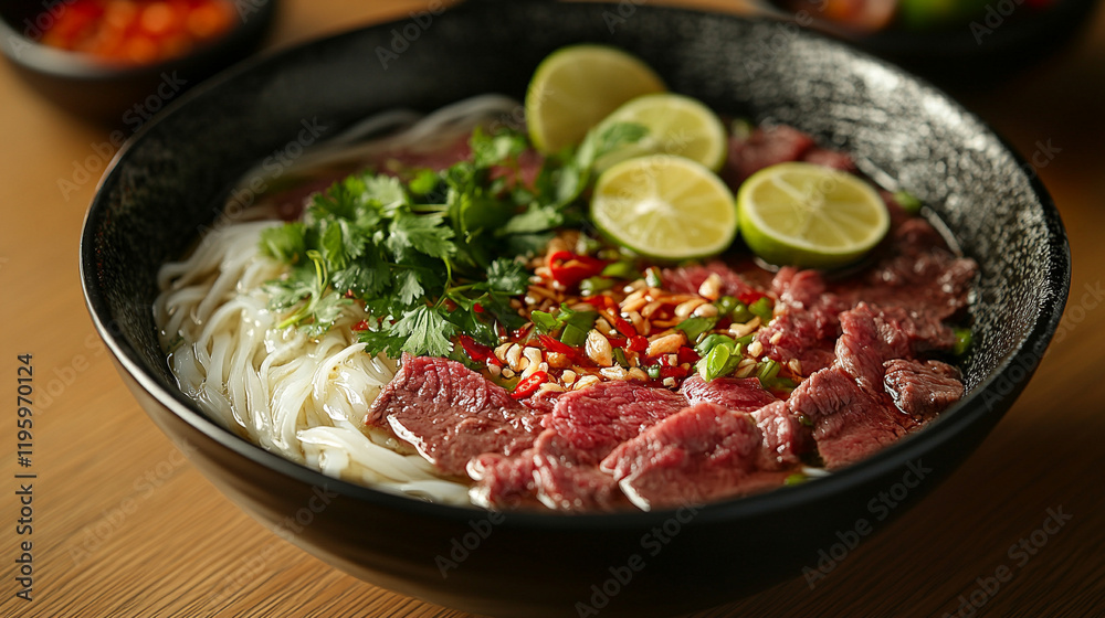 A shiny modern bowl filled with thinly sliced beef, rice noodles, fresh herbs, and bean sprouts, served with lime wedges and chili sauce, steam rising from the warm aromatic broth
A shiny modern bowl filled with thinly sliced beef, rice noodles, fresh herbs, and bean sprouts, served with lime wedges and chili sauce, steam rising from the warm aromatic broth
