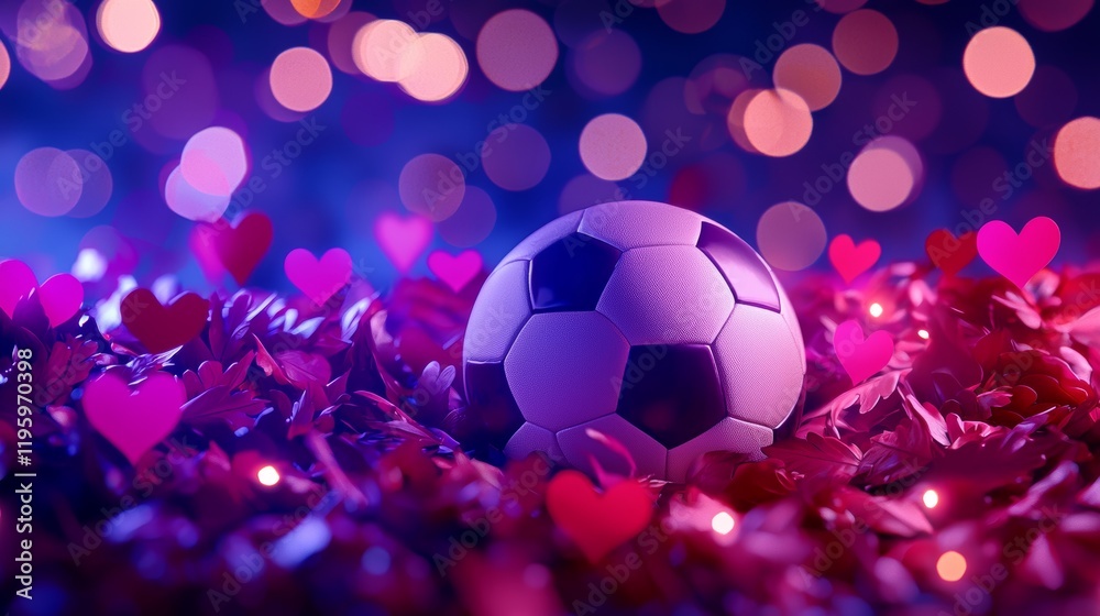 Fototapeta premium A soccer ball resting on a bed of frosted winter leaves, surrounded by vibrant red and pink hearts, digital illustration, high-detail, soft festive lighting