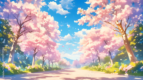 桜 さくら 木 花びら 咲く 公園 はる 春 日本 アニメ风 背景 壁紙 コピースペース