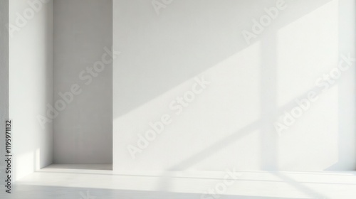 Sunlit Minimalist Room Interior Design Mockup Featuring a Bright White Wall and Floor with Subtle Textured Details