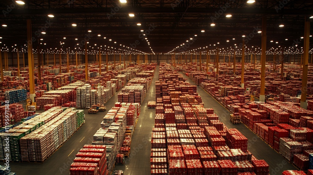 High-bay warehouse interior, filled with stacked pallets of goods.