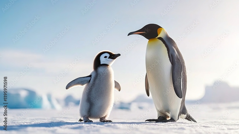 Fototapeta premium A young penguin chick being fed by its parent on a sunny day in Antarctica