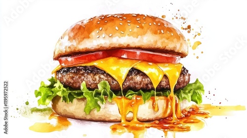 Watercolor burger art, food illustration, appetizing photo