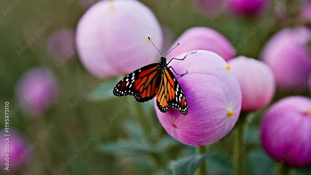 Monarch Butterfly Rests on Pink Flowers in a Vibrant Garden Setting Surrounded by Nature Monarch Butterfly Rests on Pink Flowers in a Vibrant Garden Setting Surrounded by Nature
