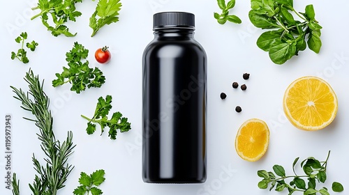 Organic drink bottle with fresh ingredients scattered, eco-friendly vibe photo