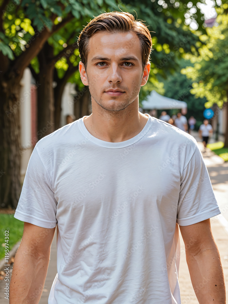 Retrato de un hombre blanco de pie en una calle en verano al aire libre vistiendo una camiseta blanca de algodón Retrato de un hombre blanco de pie en una calle en verano al aire libre vistiendo una camiseta blanca de algodón