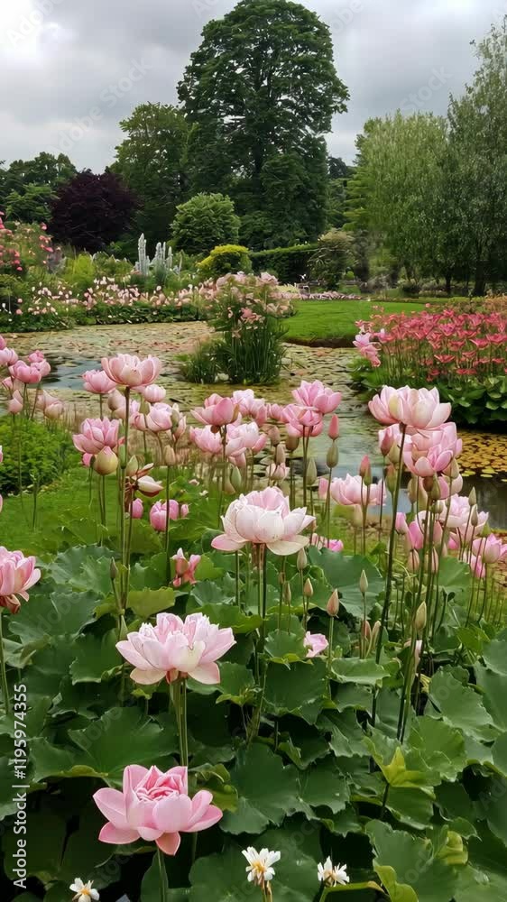 Beautiful pink lotus flowers blooming in a tranquil garden under overcast skies Beautiful pink lotus flowers blooming in a tranquil garden under overcast skies