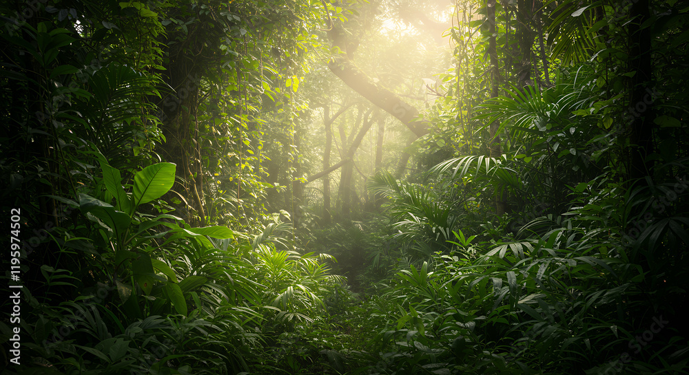 Obraz premium Lush Tropical Rainforest Sunlight Path Mystery Adventure