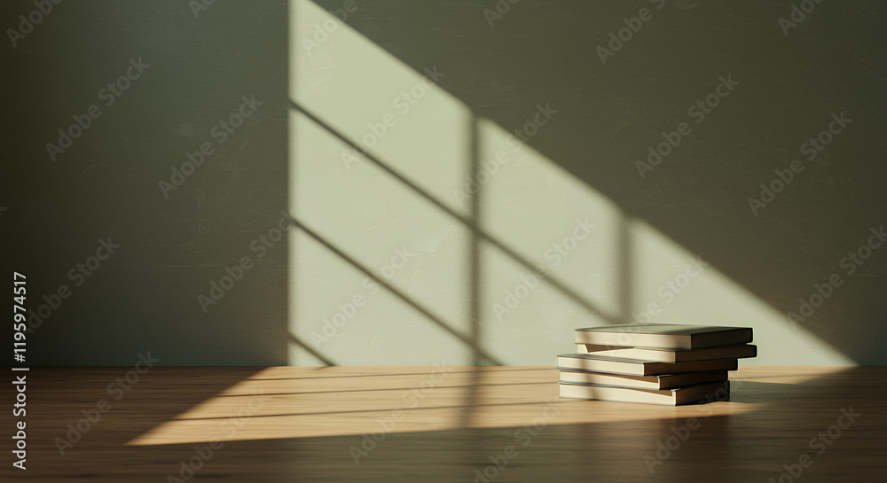 Stack of Books in Sunlit Room, Minimalist Interior Design Stack of Books in Sunlit Room, Minimalist Interior Design