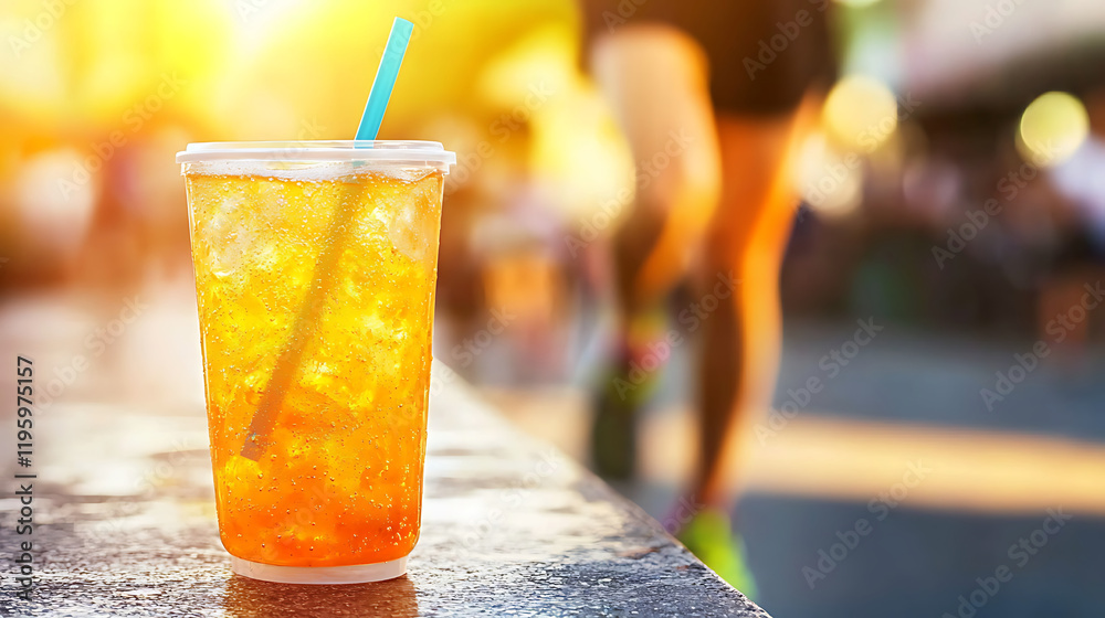 Refreshing iced drink on table with runner in background enjoying sunny day Refreshing iced drink on table with runner in background enjoying sunny day