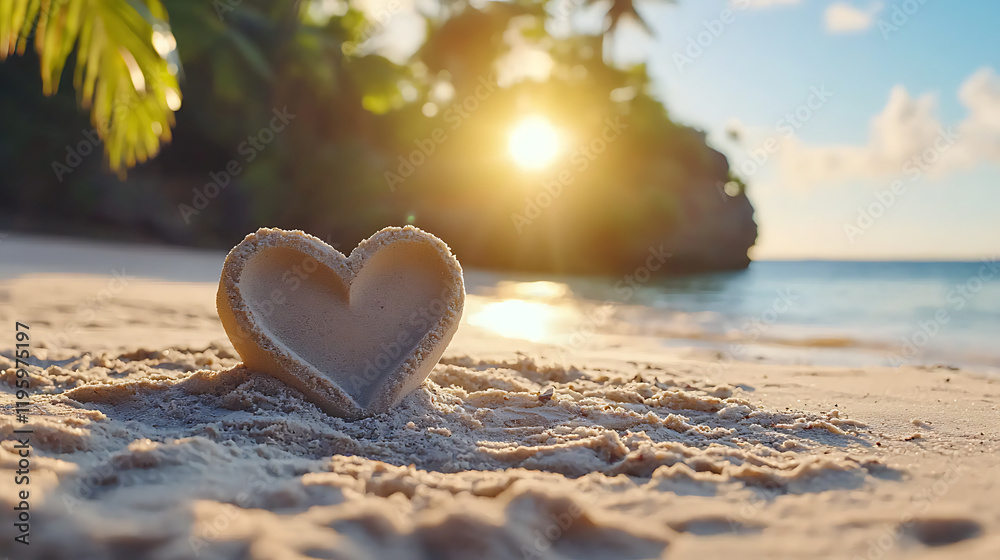 Fototapeta premium scenic beach features heart shaped sand sculpture at sunset, creating romantic atmosphere