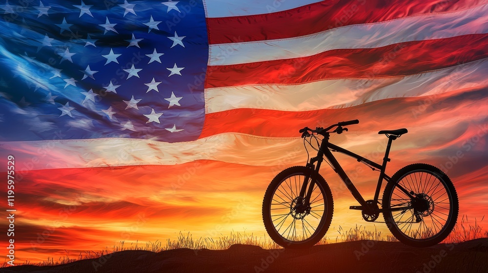 Fototapeta premium A bicycle silhouette stands boldly against a billowing American flag, intricate fabric textures in vibrant red, white, and blue, glowing sunset lighting